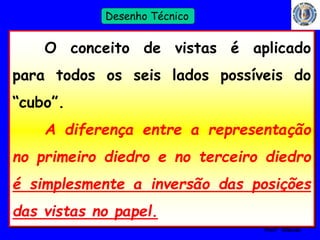 15 
Profº Villardo 
Desenho Técnico 
O conceito de vistas é aplicado 
para todos os seis lados possíveis do 
“cubo”. 
A diferença entre a representação 
no primeiro diedro e no terceiro diedro 
é simplesmente a inversão das posições 
das vistas no papel. 
 