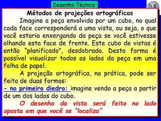 2 
Profº Villardo 
Desenho Técnico 
Métodos de projeções ortográficas 
Imagine a peça envolvida por um cubo, no qual 
cada face corresponderá a uma vista, ou seja, o que 
você estaria enxergando da peça se você estivesse 
olhando esta face de frente. Este cubo de vistas é 
então “planificado”, desdobrado. Desta forma é 
possível visualizar todos os lados da peça em uma 
folha de papel. 
A projeção ortográfica, na prática, pode ser 
feita de duas formas: 
- no primeiro diedro: imagine vendo a peça a partir 
de um dos lados do cubo. 
O desenho da vista será feito no lado 
oposta em que você se “localiza” 
 