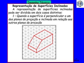 39 
Profº Villardo 
Desenho Técnico 
Representação de Superfícies Inclinadas 
A representação de superfícies inclinadas 
pode ser dividida em dois casos distintos: 
1 – Quando a superfície é perpendicular a um 
dos planos de projeção e inclinada em relação aos 
outros planos de projeção 
 