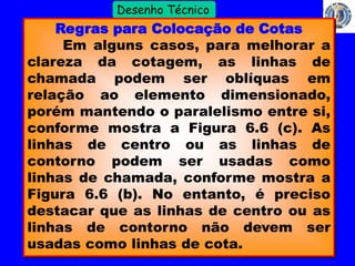 24 
Profº Villardo 
Desenho Técnico 
Regras para Colocação de Cotas 
Em alguns casos, para melhorar a 
clareza da cotagem, as linhas de 
chamada podem ser oblíquas em 
relação ao elemento dimensionado, 
porém mantendo o paralelismo entre si, 
conforme mostra a Figura 6.6 (c). As 
linhas de centro ou as linhas de 
contorno podem ser usadas como 
linhas de chamada, conforme mostra a 
Figura 6.6 (b). No entanto, é preciso 
destacar que as linhas de centro ou as 
linhas de contorno não devem ser 
usadas como linhas de cota. 
 