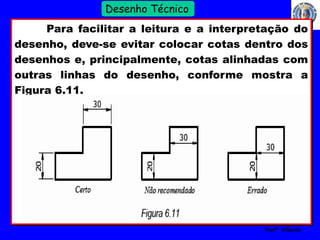 28 
Profº Villardo 
Desenho Técnico 
Para facilitar a leitura e a interpretação do 
desenho, deve-se evitar colocar cotas dentro dos 
desenhos e, principalmente, cotas alinhadas com 
outras linhas do desenho, conforme mostra a 
Figura 6.11. 
 