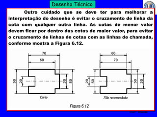 29 
Profº Villardo 
Desenho Técnico 
Outro cuidado que se deve ter para melhorar a 
interpretação do desenho é evitar o cruzamento de linha da 
cota com qualquer outra linha. As cotas de menor valor 
devem ficar por dentro das cotas de maior valor, para evitar 
o cruzamento de linhas de cotas com as linhas de chamada, 
conforme mostra a Figura 6.12. 
 
