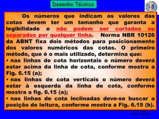 30 
Profº Villardo 
Desenho Técnico 
Os números que indicam os valores das 
cotas devem ter um tamanho que garanta a 
legibilidade e não podem ser cortados ou 
separados por qualquer linha. Norma NBR 10126 
da ABNT fixa dois métodos para posicionamento 
dos valores numéricos das cotas. O primeiro 
método, que é o mais utilizado, determina que: 
• nas linhas de cota horizontais o número deverá 
estar acima da linha de cota, conforme mostra a 
Fig. 6.15 (a); 
• nas linhas de cota verticais o número deverá 
estar à esquerda da linha de cota, conforme 
mostra a fig. 6.15 (a); 
• nas linhas de cota inclinadas deve-se buscar a 
posição de leitura, conforme mostra a Fig. 6.15 (b). 
 