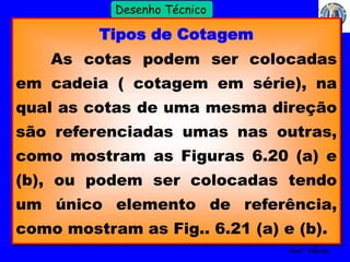 35 
Profº Villardo 
Desenho Técnico 
Tipos de Cotagem 
As cotas podem ser colocadas 
em cadeia ( cotagem em série), na 
qual as cotas de uma mesma direção 
são referenciadas umas nas outras, 
como mostram as Figuras 6.20 (a) e 
(b), ou podem ser colocadas tendo 
um único elemento de referência, 
como mostram as Fig.. 6.21 (a) e (b). 
 