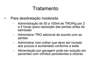 Tratamento Para desidratação moderada Administração de 50 a 100ml de TRO/Kg por 2 a 4 horas (para reposição das perdas antes da admissão Administrar TRO adicional de acordo com as perdas Administrar com colher que deve ser iniciado aos poucos e aumentado conforme a sede Alimentação por gavagem pode ser solução em pacientes com vômitos persistentes e úlceras 