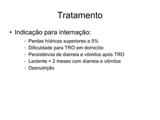 Tratamento Indicação para internação: Perdas hídricas superiores a 5% Dificuldade para TRO em domicílio Persistência de diarreia e vômitos após TRO Lactente < 2 meses com diarreia e vômitos Desnutrição 