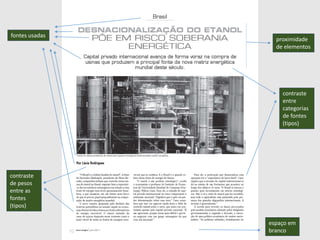 fontes usadas
proximidade
de elementos
espaço em
branco
contraste
entre
categorias
de fontes
(tipos)
contraste
de pesos
entre as
fontes
(tipos)
 