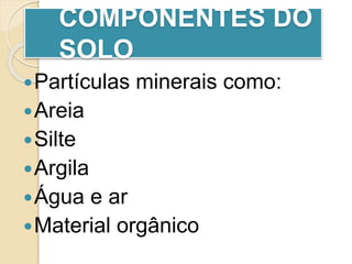 COMPONENTES DO
SOLO
Partículas minerais como:
Areia
Silte
Argila
Água e ar
Material orgânico
 