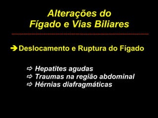 Alterações do Fígado e Vias Biliares  Deslocamento e Ruptura do Fígado    Hepatites agudas   Traumas na região abdominal   Hérnias diafragmáticas 