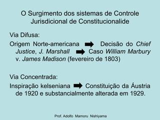 O Surgimento dos sistemas de Controle Jurisdicional de Constitucionalide Via Difusa:  Origem Norte-americana  Decisão do  Chief Justice ,  J. Marshall   Caso  William Marbury  v.  James Madison  (fevereiro de 1803) Via Concentrada:  Inspiração kelseniana  Constituição da Áustria de 1920 e substancialmente alterada em 1929. Prof. Adolfo  Mamoru  Nishiyama 