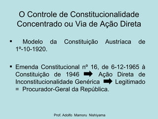 O Controle de Constitucionalidade Concentrado ou Via de Ação Direta Modelo da Constituição Austríaca de 1º-10-1920. Emenda Constitucional nº 16, de 6-12-1965 à Constituição de 1946  Ação Direta de Inconstitucionalidade Genérica  Legitimado =  Procurador-Geral da República. Prof. Adolfo  Mamoru  Nishiyama 