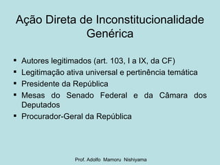 Autores legitimados (art. 103, I a IX, da CF) Legitimação ativa universal e pertinência temática Presidente da República Mesas do Senado Federal e da Câmara dos Deputados Procurador-Geral da República Ação Direta de Inconstitucionalidade Genérica Prof. Adolfo  Mamoru  Nishiyama 