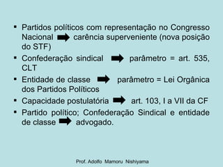Partidos políticos com representação no Congresso Nacional  carência superveniente (nova posição do STF) Confederação sindical  parâmetro = art. 535, CLT Entidade de classe  parâmetro = Lei Orgânica dos Partidos Políticos Capacidade postulatória  art. 103, I a VII da CF Partido político; Confederação Sindical e entidade de classe  advogado. Prof. Adolfo  Mamoru  Nishiyama 
