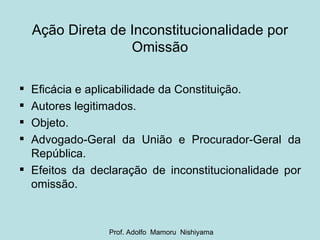 Ação Direta de Inconstitucionalidade por Omissão Eficácia e aplicabilidade da Constituição. Autores legitimados. Objeto. Advogado-Geral da União e Procurador-Geral da República. Efeitos da declaração de inconstitucionalidade por omissão. Prof. Adolfo  Mamoru  Nishiyama 