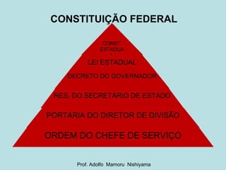 CONST. ESTADUAL ORDEM DO CHEFE DE SERVIÇO PORTARIA DO DIRETOR DE DIVISÃO RES. DO SECRETÁRIO DE ESTADO DECRETO DO GOVERNADOR LEI ESTADUAL CONSTITUIÇÃO FEDERAL Prof. Adolfo  Mamoru  Nishiyama 