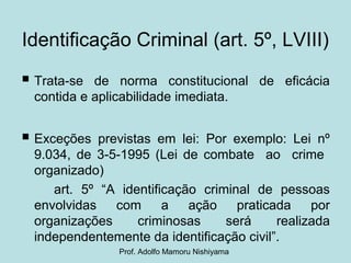 Identificação Criminal (art. 5º, LVIII)
 Trata-se de norma constitucional de eficácia
contida e aplicabilidade imediata.
 Exceções previstas em lei: Por exemplo: Lei nº
9.034, de 3-5-1995 (Lei de combate ao crime
organizado)
art. 5º “A identificação criminal de pessoas
envolvidas com a ação praticada por
organizações criminosas será realizada
independentemente da identificação civil”.
Prof. Adolfo Mamoru Nishiyama
 