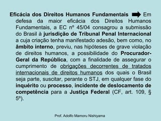 Eficácia dos Direitos Humanos Fundamentais Em
defesa da maior eficácia dos Direitos Humanos
Fundamentais, a EC nº 45/04 consagrou a submissão
do Brasil à jurisdição de Tribunal Penal Internacional
a cuja criação tenha manifestado adesão, bem como, no
âmbito interno, previu, nas hipóteses de grave violação
de direitos humanos, a possibilidade do Procurador-
Geral da República, com a finalidade de assegurar o
cumprimento de obrigações decorrentes de tratados
internacionais de direitos humanos dos quais o Brasil
seja parte, suscitar, perante o STJ, em qualquer fase do
inquérito ou processo, incidente de deslocamento de
competência para a Justiça Federal (CF, art. 109, §
5º).
Prof. Adolfo Mamoru Nishiyama
 