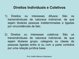 1) Direitos ou interesses difusos: São os
transindividuais de natureza indivisível, de que
sejam titulares pessoas indeterminadas e ligadas
por circunstâncias de fato.
2) Direitos ou interesses coletivos: São os
transindividuais de natureza indivisível, de que
sejam titulares grupo, categoria ou classe de
pessoas ligadas entre si ou com a parte contrária
por uma relação jurídica base.
Direitos Individuais e Coletivos
Prof. Adolfo Mamoru Nishiyama
 