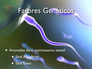 Fatores Genéticos




• Anomalias do n. cromossomo sexual
   • Sind. Klinefelter
   • Sind Tuner
 