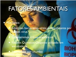 FATORES AMBIENTAIS

• Pós-natais:
   • Infecções bacterianas, virais, principalmente por
      herpes virus.
    • Traumatismos crânio-encefálicos
    • Fatores Quimicos: Oxigenio utilizado em
      encubadeira.
    • Intoxicação por chumbo
 