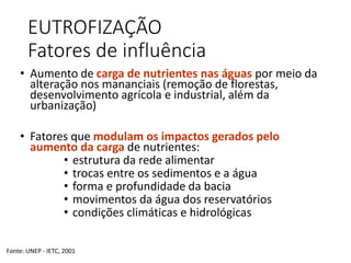 EUTROFIZAÇÃO
Fatores de influência
• Aumento de carga de nutrientes nas águas por meio da
alteração nos mananciais (remoção de florestas,
desenvolvimento agrícola e industrial, além da
urbanização)
• Fatores que modulam os impactos gerados pelo
aumento da carga de nutrientes:
• estrutura da rede alimentar
• trocas entre os sedimentos e a água
• forma e profundidade da bacia
• movimentos da água dos reservatórios
• condições climáticas e hidrológicas
Fonte: UNEP - IETC, 2001
 
