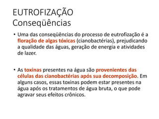 EUTROFIZAÇÃO
Conseqüências
• Uma das conseqüências do processo de eutrofização é a
floração de algas tóxicas (cianobactérias), prejudicando
a qualidade das águas, geração de energia e atividades
de lazer.
• As toxinas presentes na água são provenientes das
células das cianobactérias após sua decomposição. Em
alguns casos, essas toxinas podem estar presentes na
água após os tratamentos de água bruta, o que pode
agravar seus efeitos crônicos.
 
