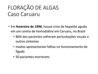 FLORAÇÃO DE ALGAS
Caso Caruaru
• Em fevereiro de 1996, houve crise de hepatite aguda
em um centro de hemodiálise em Caruaru, no Brasil
• 86% dos pacientes sofreram perturbações visuais e
outros sintomas
• muitos apresentaram falhas no funcionamento do
fígado
• 50 pacientes morreram.
 