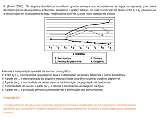 4. (Enem 2000) Os esgotos domésticos constituem grande ameaça aos ecossistemas de lagos ou represas, pois deles
decorrem graves desequilíbrios ambientais. Considere o gráfico abaixo, no qual no intervalo de tempo entre t1 e t3, observou-se
a estabilidade em ecossistema de lago, modificado a partir de t3 pelo maior despejo de esgoto.
Assinale a interpretação que está de acordo com o gráfico.
a) Entre t3 e t6, a competição pelo oxigênio leva à multiplicação de peixes, bactérias e outros produtores.
b) A partir de t3, a decomposição do esgoto é impossibilitada pela diminuição do oxigênio disponível.
c) A partir de t6, a mortandade de peixes decorre da diminuição da população de produtores.
d) A mortandade de peixes, a partir de t6, é devida à insuficiência de oxigênio na água.
e) A partir de t3, a produção primária aumenta devido à diminuição dos consumidores.
Resposta [D]
O enriquecimento da água com nutrientes orgânicos estimula a proliferação de microrganismos decompositores
aeróbicos que consomem o oxigênio disponível e, consequentemente, os peixes e outros organismos aeróbicos
morrem.
 
