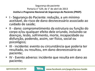 Segurança do paciente 
Portaria n° 529, de 1° de abril de 2013 
Institui o Programa Nacional de Segurança do Paciente (PNSP). 
• I - Segurança do Paciente: redução, a um mínimo 
aceitável, do risco de dano desnecessário associado ao 
cuidado de saúde; 
• II - dano: comprometimento da estrutura ou função do 
corpo e/ou qualquer efeito dele oriundo, incluindo-se 
doenças, lesão, sofrimento, morte, incapacidade ou 
disfunção, podendo, assim, ser físico, social ou 
psicológico; 
• III - incidente: evento ou circunstância que poderia ter 
resultado, ou resultou, em dano desnecessário ao 
paciente; 
• IV - Evento adverso: incidente que resulta em dano ao 
paciente; 
aprovasaude.com.br www.facebook.com/pages/Aprova-Saúde 
 