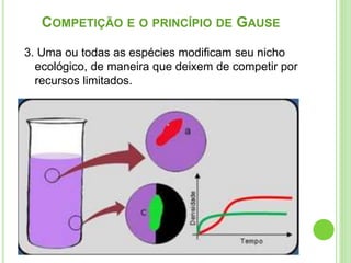 3. Uma ou todas as espécies modificam seu nicho
ecológico, de maneira que deixem de competir por
recursos limitados.
COMPETIÇÃO E O PRINCÍPIO DE GAUSE
 