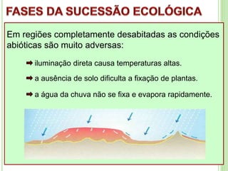 Em regiões completamente desabitadas as condições
abióticas são muito adversas:
iluminação direta causa temperaturas altas.
a ausência de solo dificulta a fixação de plantas.
a água da chuva não se fixa e evapora rapidamente.
 