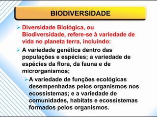 BIODIVERSIDADE
 Diversidade Biológica, ou
  Biodiversidade, refere-se à variedade de
  vida no planeta terra, incluindo:
 A variedade genética dentro das
  populações e espécies; a variedade de
  espécies da flora, da fauna e de
  microrganismos;
   A variedade de funções ecológicas
     desempenhadas pelos organismos nos
     ecossistemas; e a variedade de
     comunidades, habitats e ecossistemas
     formados pelos organismos.
 