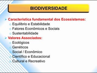 BIODIVERSIDADE

 Característica fundamental dos Ecossistemas:
   o Equilíbrio e Estabilidade
   o Fatores Econômicos e Sociais
   o Sustentabilidade
 Valores Associados:
   o Ecológicos
   o Genéticos
   o Social / Econômico
   o Científico e Educacional
   o Cultural e Recreativo
 