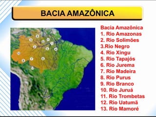 BACIA AMAZÔNICA
            Bacia Amazônica
            1. Rio Amazonas
            2. Rio Solimões
            3.Rio Negro
            4. Rio Xingu
            5. Rio Tapajós
            6. Rio Jurema
            7. Rio Madeira
            8. Rio Purus
            9. Rio Branco
            10. Rio Juruá
            11. Rio Trombetas
            12. Rio Uatumã
            13. Rio Mamoré
 