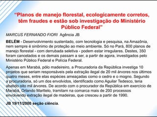 “Planos de manejo florestal, ecologicamente corretos,
     têm fraudes e estão sob investigação do Ministério
                      Público Federal”
MARCUS FERNANDO FIORI Agência JB
BELÉM - Desenvolvimento sustentado, com tecnologia e pesquisa, na Amazônia,
nem sempre é sinônimo de proteção ao meio ambiente. Só no Pará, 800 planos de
manejo florestal - com derrubada seletiva - podem estar irregulares. Destes, 350
foram cancelados e os demais passam a ser, a partir de agora, investigados pelo
Ministério Público Federal e Polícia Federal.
Apenas em Marabá, pólo madeireiro, a Procuradoria da República investiga 10
projetos que seriam responsáveis pela extração ilegal de 20 mil árvores nos últimos
quatro meses, entre elas espécies ameaçadas como o cedro e o mogno. Segundo
a procuradoria, só um dos envolvidos, identificado como Aguilar Tedesco, teria
abatido oito mil árvores. De acordo com o procurador da República em exercício de
Marabá, Orlando Marttelo, tramitam na comarca mais de 200 processos
envolvendo extração ilegal de madeiras, que cresceu a partir de 1990.

JB 19/11/2000 seção ciência.
 
