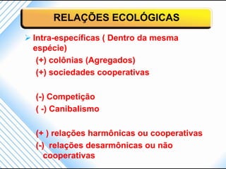 RELAÇÕES ECOLÓGICAS
 Intra-específicas ( Dentro da mesma
  espécie)
   (+) colônias (Agregados)
   (+) sociedades cooperativas

  (-) Competição
  ( -) Canibalismo

  (+ ) relações harmônicas ou cooperativas
  (-) relações desarmônicas ou não
     cooperativas
 