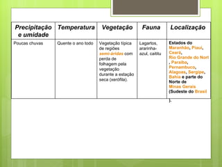 Precipitação e umidade Temperatura Vegetação Fauna  Localização  Poucas chuvas Quente o ano todo Vegetação típica de regiões  semi-áridas  com perda de folhagem pela vegetação durante a estação seca (xerófila). Lagartos, ararinha-azul, caititu Estados do  Maranhão ,  Piauí ,  Ceará ,  Rio Grande do Norte ,  Paraíba ,  Pernambuco ,  Alagoas ,  Sergipe ,  Bahia  e parte do Norte de  Minas Gerais  (Sudeste do  Brasil ).   