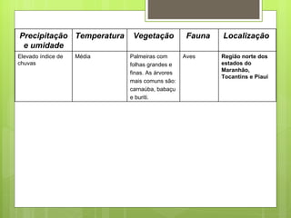 Precipitação e umidade Temperatura Vegetação Fauna  Localização  Elevado índice de chuvas Média Palmeiras com folhas grandes e finas. As árvores mais comuns são: carnaúba, babaçu e buriti. Aves Região norte dos estados do Maranhão, Tocantins e Piauí 
