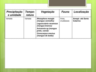 Precipitação e umidade Tempe-ratura Vegetação Fauna  Localização  Variada Variada Rhizophora mangle (mangue vermelho) Laguncularia racemosa (mangue branco) Avicennia sp (mangue preto, canoé) Conocarpus erectus  (mangue de botão) Aves, crustáceos Amapá  até Santa Catarina 