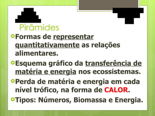 Pirâmides Formas de  representar quantitativamente  as relações alimentares. Esquema gráfico da  transferência de matéria e energia  nos ecossistemas. Perda de matéria e energia em cada nível trófico, na forma de  CALOR . Tipos: Números, Biomassa e Energia. 