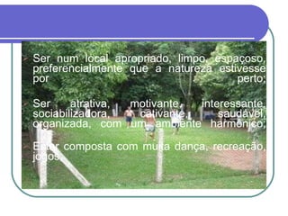 Ser num local apropriado, limpo, espaçoso, preferencialmente que a natureza estivesse por perto; Ser atrativa, motivante, interessante, sociabilizadora, cativante, saudável, organizada, com um ambiente harmônico; Estar composta com muita dança, recreação, jogos;