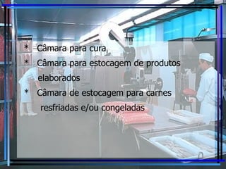 *  Câmara para cura *  Câmara para estocagem de produtos elaborados *  Câmara de estocagem para carnes resfriadas e/ou congeladas 