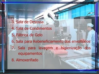 3. Sala de Desossa 4. Sala de Condimentos 5. Fábrica de Gelo 6. Sala para Rebeneficiamento dos envoltórios 7. Sala para lavagem e higienização dos equipamentos 8. Almoxerifado 