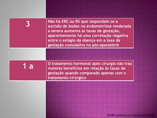 (ESHRE Guideline on endometriosis 2008)
1 a O tratamento hormonal após cirurgia não traz
maiores benefícios em relação às taxas de
gestação quando comparado apenas com o
tratamento cirúrgico
3 Não há ERC ou RS que respondam se a
excisão de lesões na endometriose moderada
a severa aumenta as taxas de gestação,
aparentemente há uma correlação negativa
entre o estágio da doença em a taxa de
gestação cumulativa no pós-operatório
 