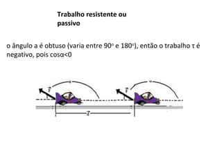 Trabalho resistente ou
passivo
o ângulo a é obtuso (varia entre 90o e 180o), então o trabalho τ é
negativo, pois cosα<0

 