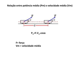 Relação entre potência média (Pm) e velocidade média (Vm)

Pm=F.Vm.cosα
F= força
Vm = velocidade média

 