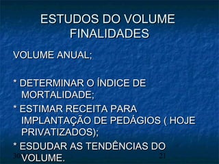 EESSTTUUDDOOSS DDOO VVOOLLUUMMEE 
FFIINNAALLIIDDAADDEESS 
VVOOLLUUMMEE AANNUUAALL;; 
** DDEETTEERRMMIINNAARR OO ÍÍNNDDIICCEE DDEE 
MMOORRTTAALLIIDDAADDEE;; 
** EESSTTIIMMAARR RREECCEEIITTAA PPAARRAA 
IIMMPPLLAANNTTAAÇÇÃÃOO DDEE PPEEDDÁÁGGIIOOSS (( HHOOJJEE 
PPRRIIVVAATTIIZZAADDOOSS));; 
** EESSDDUUDDAARR AASS TTEENNDDÊÊNNCCIIAASS DDOO 
30/VVOOLLUUMMEE.. 
11/14 21 
 