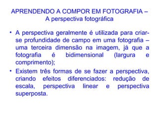 APRENDENDO A COMPOR EM FOTOGRAFIA –
A perspectiva fotográfica
• A perspectiva geralmente é utilizada para criar-
se profundidade de campo em uma fotografia –
uma terceira dimensão na imagem, já que a
fotografia é bidimensional (largura e
comprimento);
• Existem três formas de se fazer a perspectiva,
criando efeitos diferenciados: redução de
escala, perspectiva linear e perspectiva
superposta.
 