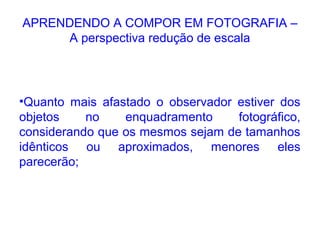 APRENDENDO A COMPOR EM FOTOGRAFIA –
A perspectiva redução de escala
•Quanto mais afastado o observador estiver dos
objetos no enquadramento fotográfico,
considerando que os mesmos sejam de tamanhos
idênticos ou aproximados, menores eles
parecerão;
 