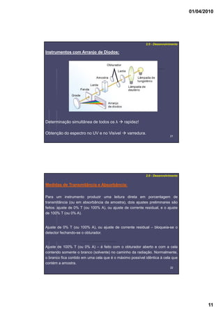 01/04/2010
11
2121
Instrumentos com Arranjo de Diodos:
Determinação simultânea de todos os λ rapidez!
Obtenção do espectro no UV e no Visível varredura.
2.0 - Desenvolvimento
2222
Medidas de Transmitância e Absorbância:
2.0 - Desenvolvimento
Para um instrumento produzir uma leitura direta em porcentagem de
transmitância (ou em absorbância da amostra), dois ajustes preliminares são
feitos: ajuste de 0% T (ou 100% A), ou ajuste de corrente residual, e o ajuste
de 100% T (ou 0% A).
Ajuste de 0% T (ou 100% A), ou ajuste de corrente residual – bloqueia-se o
detector fechando-se o obturador.
Ajuste de 100% T (ou 0% A) – é feito com o obturador aberto e com a cela
contendo somente o branco (solvente) no caminho da radiação. Normalmente,
o branco fica contido em uma cela que é o máximo possível idêntica à cela que
contém a amostra.
 